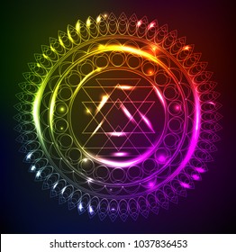 Abstract neon background with a mandala made of luminous lines on a dark background. Abstract gold round sparkling frame with mandala on black background.