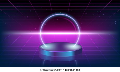 Abstract neon background with pedestal. 3d podium with blue neon circle. Abstract background for promotion goods.