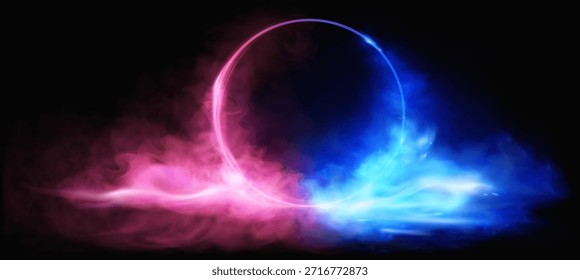 Abstractas fondo de neón con nubes de humo rojas y azules y un círculo de neón en el centro. Efecto de brillo de neón. Humo de neón, niebla. Ilustración vectorial