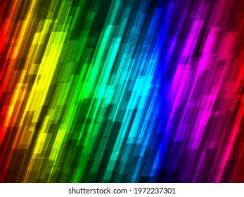 Abstract neon background with shining gradient stripes. Bright futuristic design. Dark vector background with colorful rainbow slanted stripes. Glowing neon backdrop with an energetic spectrum.