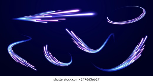 Abstract neon background with shining wires. Motion design. Magic empty space. Panoramic high speed technology concept, light abstract background.	