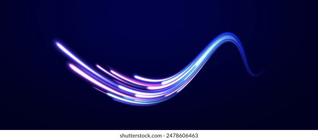 Abstract neon background with shining wires. Motion design. Magic empty space. Panoramic high speed technology concept, light abstract background.	