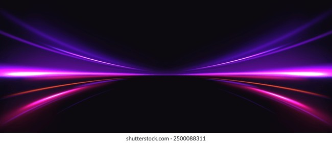 Abstract neon background with shining wires. Motion design. Magic empty space. Panoramic high speed technology concept, light abstract background.