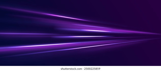 Abstract neon background with shining wires. Motion design. Magic empty space. Panoramic high speed technology concept, light abstract background.