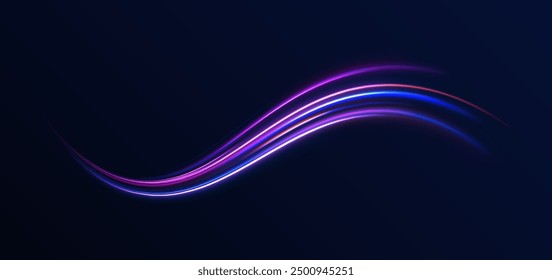 Abstract neon background with shining wires. Motion design. Magic empty space. Panoramic high speed technology concept, light abstract background.