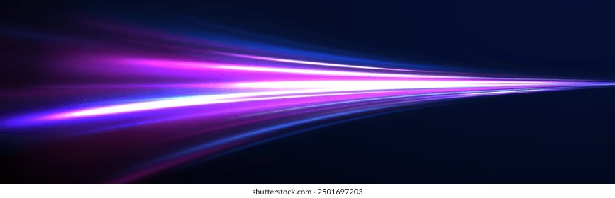 Abstract neon background with shining wires. Motion design. Magic empty space. Panoramic high speed technology concept, light abstract background.