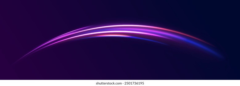 Abstract neon background with shining wires. Motion design. Magic empty space. Panoramic high speed technology concept, light abstract background.