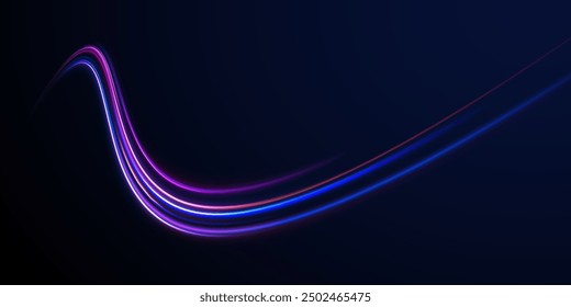 Abstract neon background with shining wires. Motion design. Magic empty space. Panoramic high speed technology concept, light abstract background.