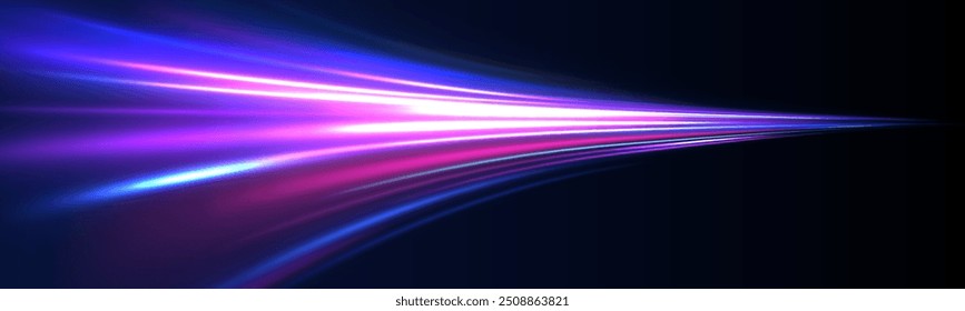 Abstract neon background with shining wires. Motion design. Magic empty space. Panoramic high speed technology concept, light abstract background.