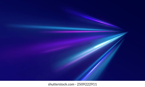 Abstract neon background with shining wires. Motion design. Magic empty space. Panoramic high speed technology concept, light abstract background.