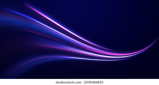 Abstract neon background with shining wires. Motion design. Magic empty space. Panoramic high speed technology concept, light abstract background.