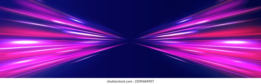 Fundo de néon abstrato com fios brilhantes. Design de movimento. Espaço vazio mágico. Conceito de tecnologia panorâmica de alta velocidade, fundo abstrato de luz.