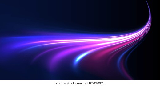 Abstrakter Neonhintergrund mit leuchtenden Drähten. Bewegungsdesign. Magischer leerer Raum. Panorama-High-Speed-Technologie-Konzept, heller abstrakter Hintergrund.