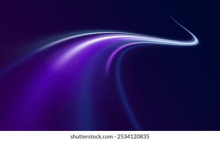 Abstract neon background with shining wires. Motion design. Magic empty space. Panoramic high speed technology concept, light abstract background.