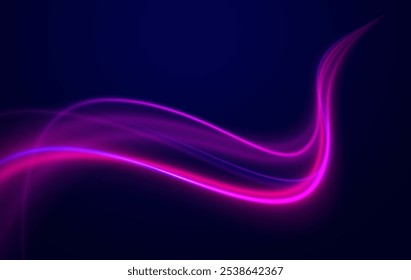 Abstract neon background with shining wires. Motion design. Magic empty space. Panoramic high speed technology concept, light abstract background.