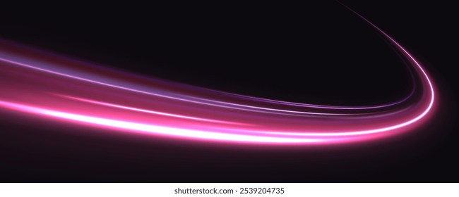 Abstract neon background with shining wires. Motion design. Magic empty space. Panoramic high speed technology concept, light abstract background.