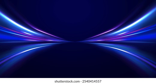 Fundo de néon abstrato com fios brilhantes. Design de movimento. Espaço vazio mágico. Conceito de tecnologia panorâmica de alta velocidade, fundo abstrato de luz.