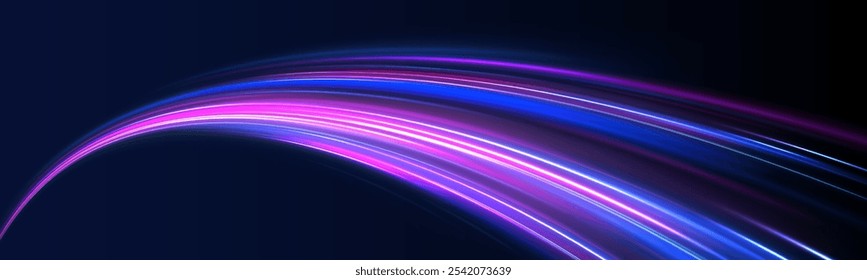 Abstract neon background with shining wires. Motion design. Magic empty space. Panoramic high speed technology concept, light abstract background.