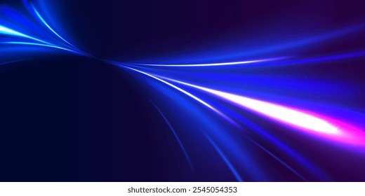 Fundo de néon abstrato com fios brilhantes. Design de movimento. Espaço vazio mágico. Conceito de tecnologia panorâmica de alta velocidade, fundo abstrato de luz.