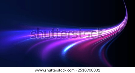 Abstract neon background with shining wires. Motion design. Magic empty space. Panoramic high speed technology concept, light abstract background.