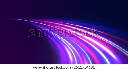 Abstract neon background with shining wires. Motion design. Magic empty space. Panoramic high speed technology concept, light abstract background.