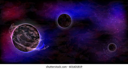 Abstract neon background with space and three planets. Dark elegant concept. Illustration for your design.