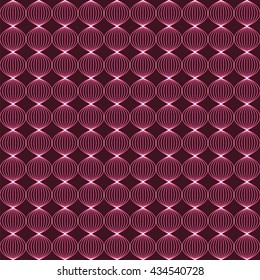 Abstract neon background with twisted bulbs. Dark pink color. Seamless vector illustration. Repeated sphere formed by braided lines.