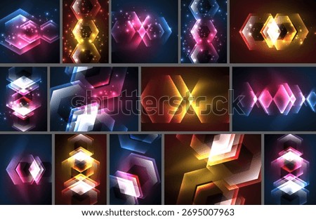 Abstract neon backgrounds. Geometric shapes, vibrant colors, glowing lines create futuristic designs. Dark backdrop enhances luminosity.