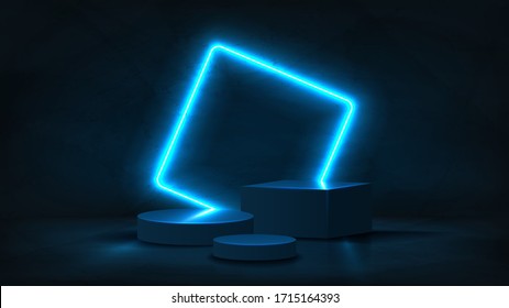 Abstract neon banner with pedestal. 3d podium with blue neon square. Abstract background for promotion goods. Vector illustration with blank space. Minimal concept banner. Mockup template.