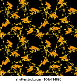 Abstract neon black background with different lines in yellow and orange color. Bright and colorful. Vector seamless pattern with blurred effect can be used as backdrop, print or wallpaper