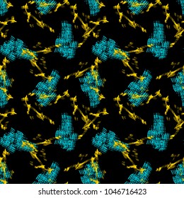 Abstract neon black background with different lines in light blue and yellow colors. Bright and colorful. Vector seamless pattern with blurred effect can be used as backdrop, print or wallpaper