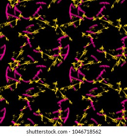 Abstract neon black background with different lines in pink and yellow color. Bright and colorful. Vector seamless pattern with blurred effect can be used as backdrop, print or wallpaper