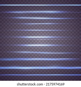 Abstract neon blue lights lines on transparent background. Luminous abstract sparkling lined background. Glowing line. Laser beams, horizontal blue light rays streaks. Vector illustration.