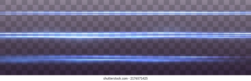 Abstract neon blue lights lines on transparent background. Luminous abstract sparkling lined background. Glowing line. Laser beams, horizontal blue light rays streaks. Vector illustration.