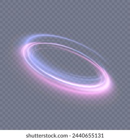 Abstract neon blue purple ring. A bright trail of luminous rays swirling in a fast spiral motion. Light-bright vortex. Light effect of a curved glowing line. Vector