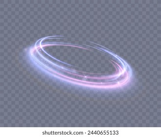 Anillo abstracto azul neón púrpura. Una estela brillante de rayos luminosos arremolinándose en un rápido movimiento en espiral. Vórtice claro y brillante. Efecto de luz de una línea curva brillante. Vector