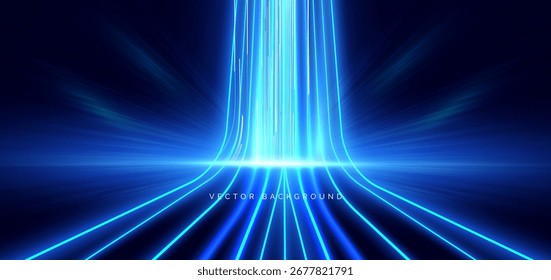 Abstract neon blue speed vertical light on dark blue background. Speed movement, hitech communication, business growth. vector illustration
