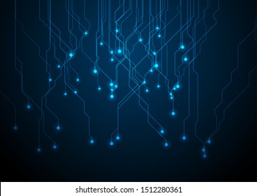 Abstract neon blue tech circuit board lines sci-fi design. Futuristic computer chip background. Vector glowing illustration