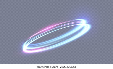 Abstract neon blue-violet ring. A bright plume of luminous rays swirling in a fast spiraling motion. Light golden swirl. Curve gold line light effect. Vector	
