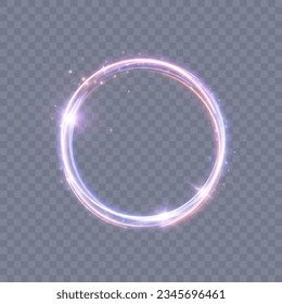 Abstract neon blue-violet ring. A bright plume of luminous rays swirling in a fast spiraling motion. Light golden swirl. Curve gold line light effect. Vector	