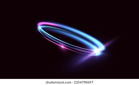 Abstrakter Neon-Blau-Violett-Ring. Ein heller Lichtstrahl, der in einer schnellen Spiralbewegung wirbelt. Heller goldener Schwirl. Kurven Sie den Lichteffekt der goldenen Linie. Vektorgrafik	

