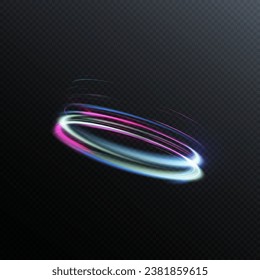 Abstract neon blue-violet ring. A bright plume of luminous rays swirling in a fast spiraling motion. Light golden swirl. Curve gold line light effect. Vector	