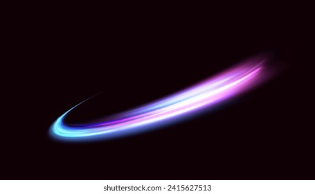 Abstract neon blue-violet ring. A bright plume of luminous rays swirling in a fast spiraling motion. Light golden swirl. Curve gold line light effect. Vector	
