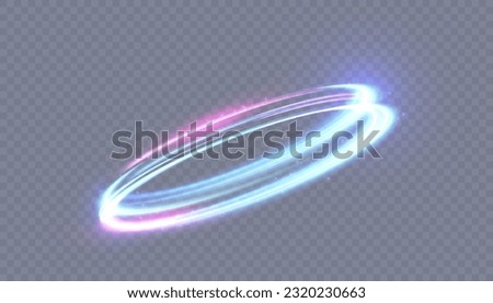 Abstract neon blue-violet ring. A bright plume of luminous rays swirling in a fast spiraling motion. Light golden swirl. Curve gold line light effect. Vector	

