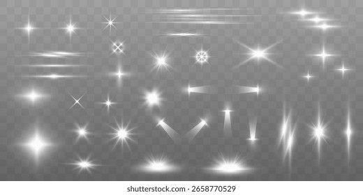 Abstractas espirales de neón desenfocan la luz, estrellas radiantes y partículas brillantes con rayos suaves sobre un fondo transparente.	