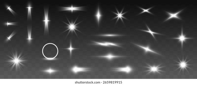 Abstractas espirales de neón desenfocan la luz, estrellas radiantes y partículas brillantes con rayos suaves sobre un fondo transparente.	