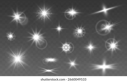 Abstractas espirales de neón desenfocan la luz, estrellas radiantes y partículas brillantes con rayos suaves sobre un fondo transparente.	
