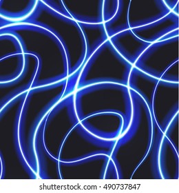 Abstract neon blurry trail effect at motion on dark background, seamless pattern