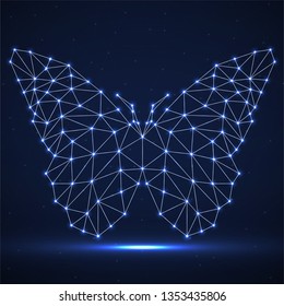 Abstract neon butterfly of lines and dots, glowing polygonal geometric structure. Vector design