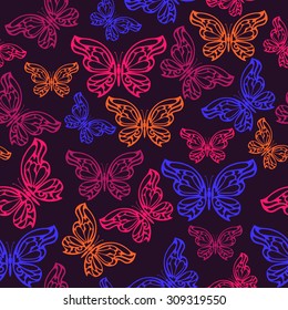 Abstract neon butterfly seamless pattern. Vector illustration.